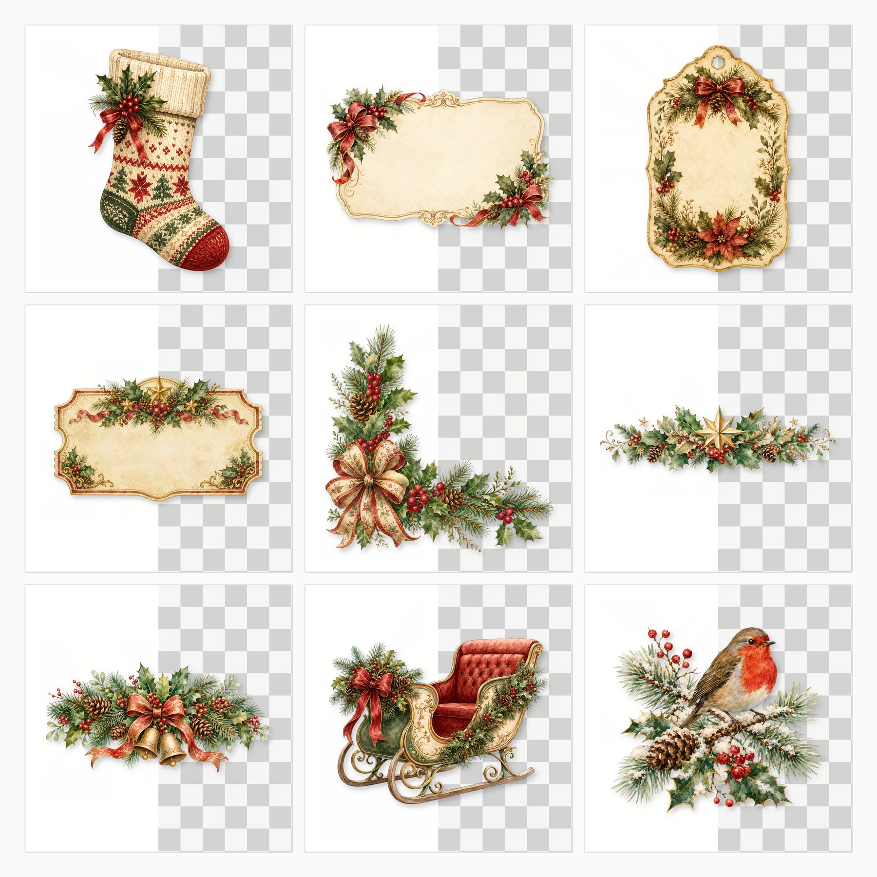 Victorian Christmas Digital Paper & PNG Bundle, 23 Papers + 28 Holiday Elements, Commercial Use preview 4