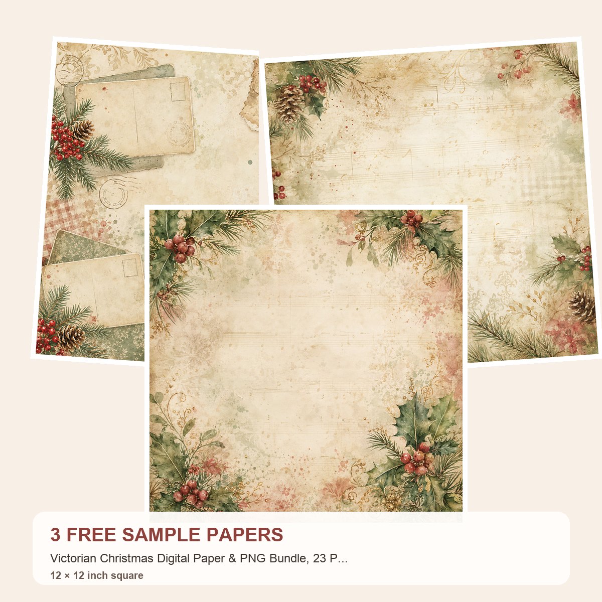 Free Victorian Christmas Digital Paper & PNG Bundle, 23 Papers + 28 Holiday Elements, Commercial Use – 3 Printable Scrapbook Paper Samples