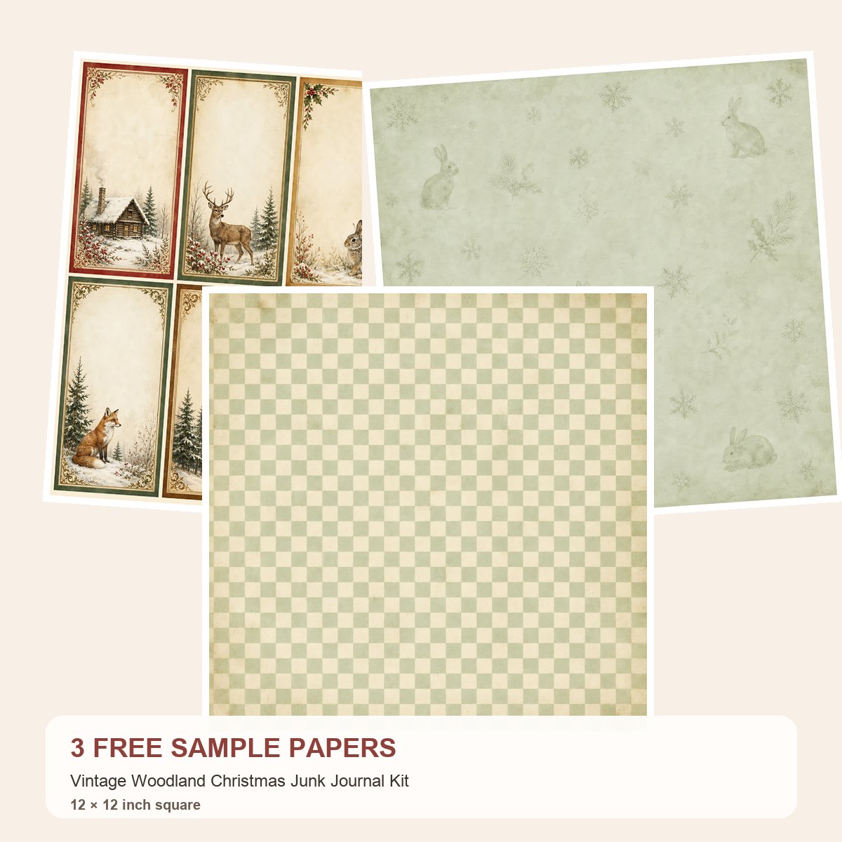 Free Vintage Woodland Christmas Junk Journal Kit – 3 Printable Scrapbook Paper Samples