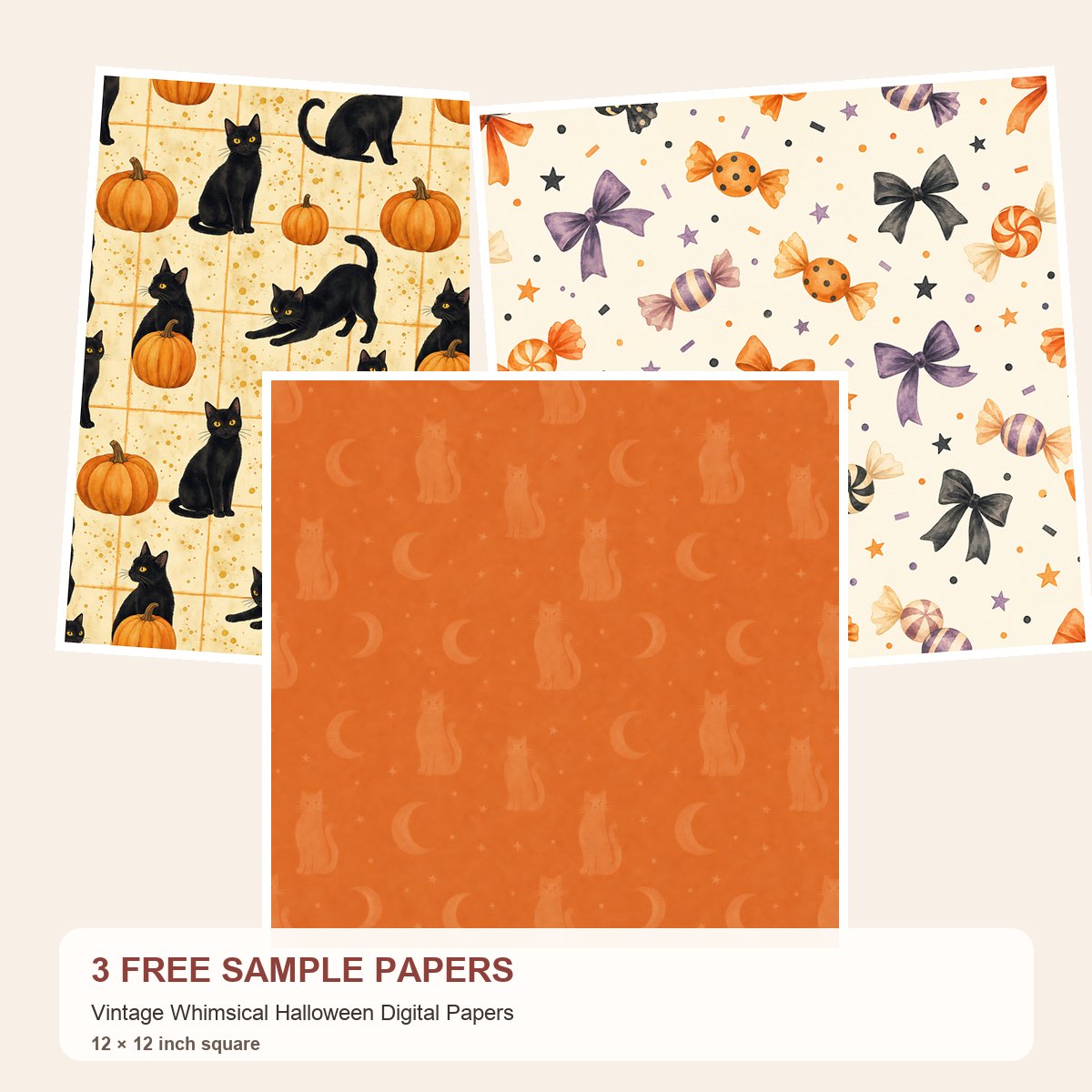 Free Vintage Whimsical Halloween Digital Papers – 3 Printable Scrapbook Paper Samples