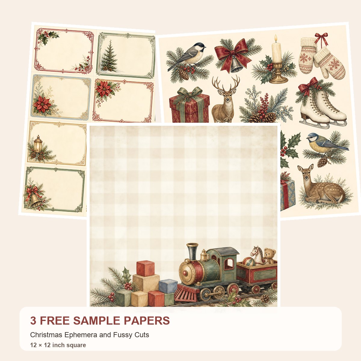 Free Christmas Ephemera and Fussy Cuts – 3 Printable Scrapbook Paper Samples