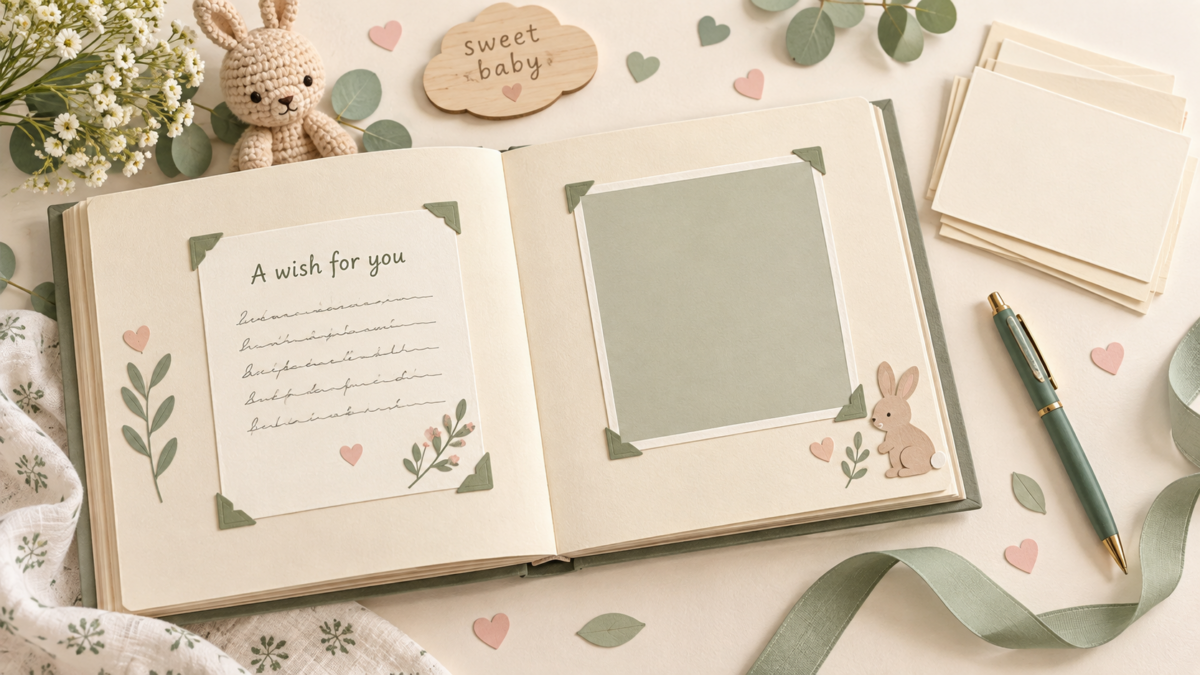 Illustrated open scrapbook with a wish card, a blank photo space and loose note cards.