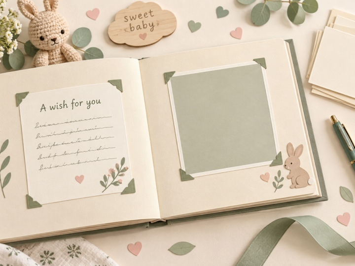 Illustrated open scrapbook with a wish card, a blank photo space and loose note cards.