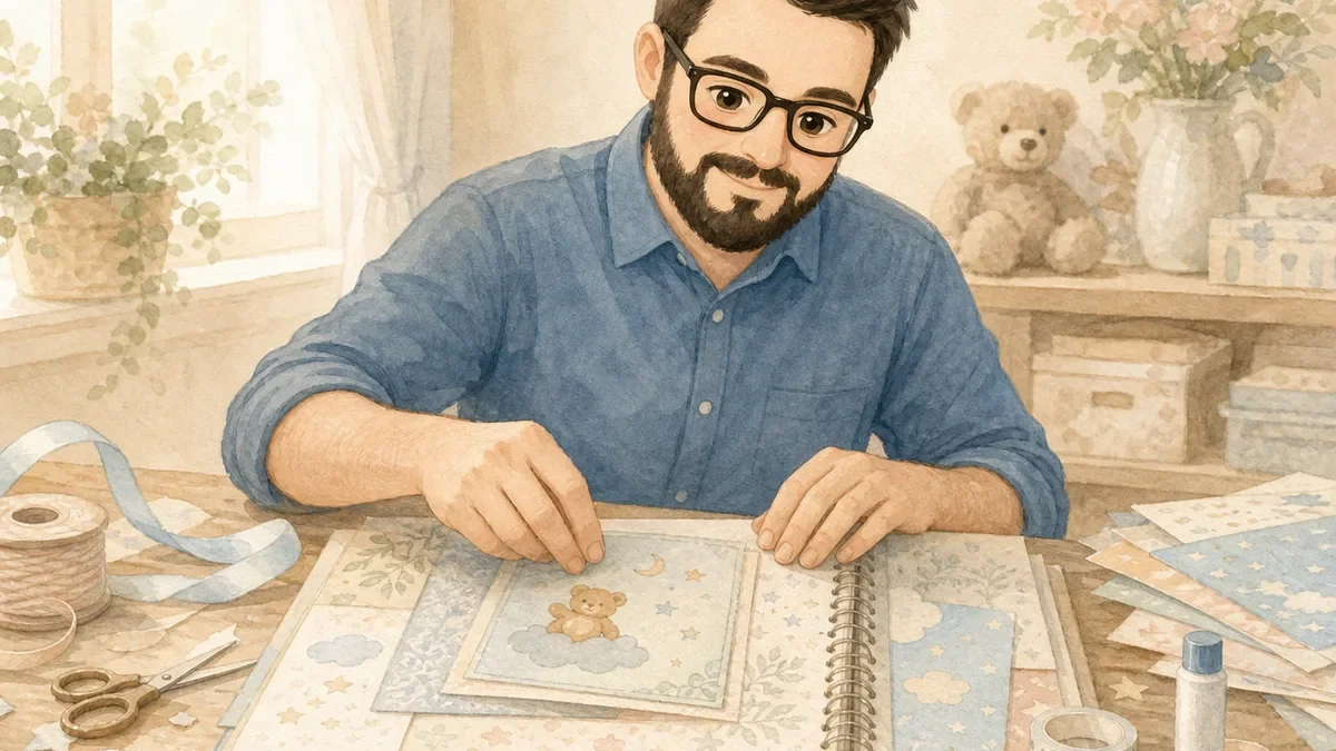 Juan crafting a baby shower scrapbook with soft watercolor nursery papers