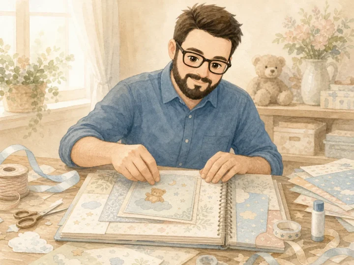 Juan crafting a baby shower scrapbook with soft watercolor nursery papers
