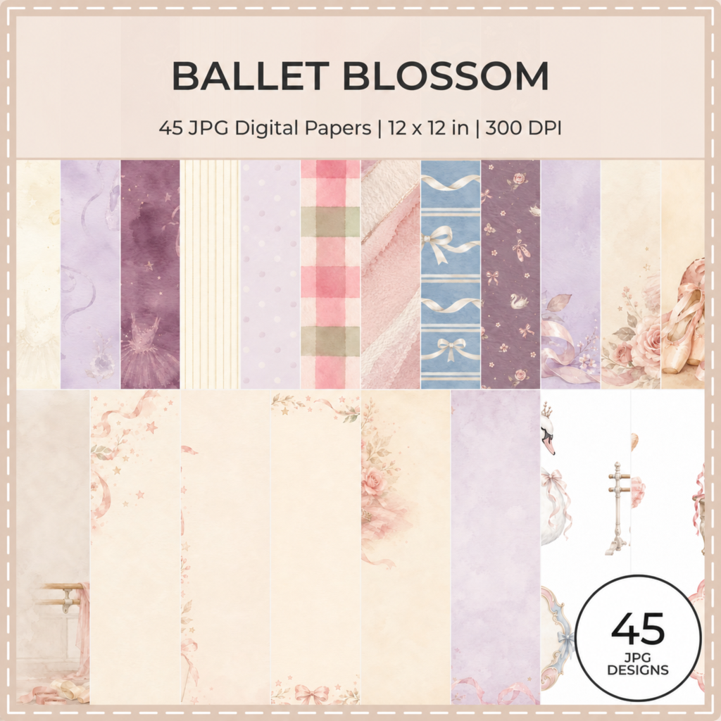 Ballet Blossom Digital Scrapbook Papers, Watercolor Ballerina Elements (45 JPG)