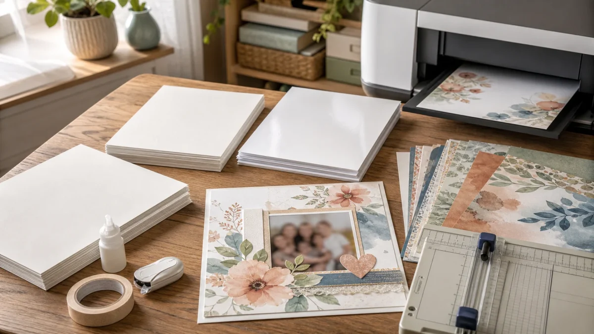 Matte paper, cardstock, and photo paper beside a home inkjet printer and watercolor scrapbook layout