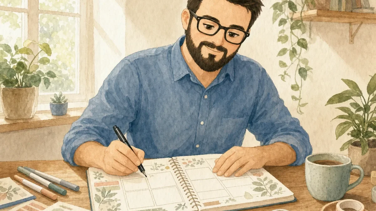Juan planning a calm weekly spread with botanical bullet journal printables