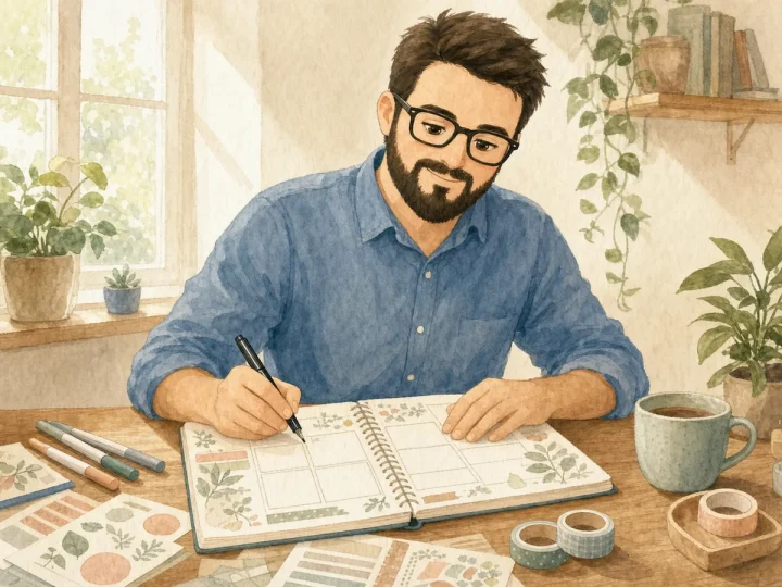 Juan planning a calm weekly spread with botanical bullet journal printables
