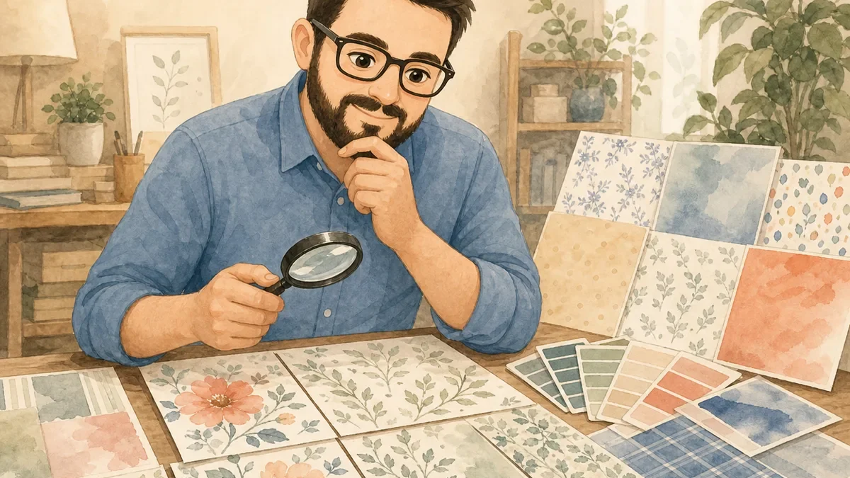 Juan comparing coordinated digital scrapbook paper packs and watercolor patterns