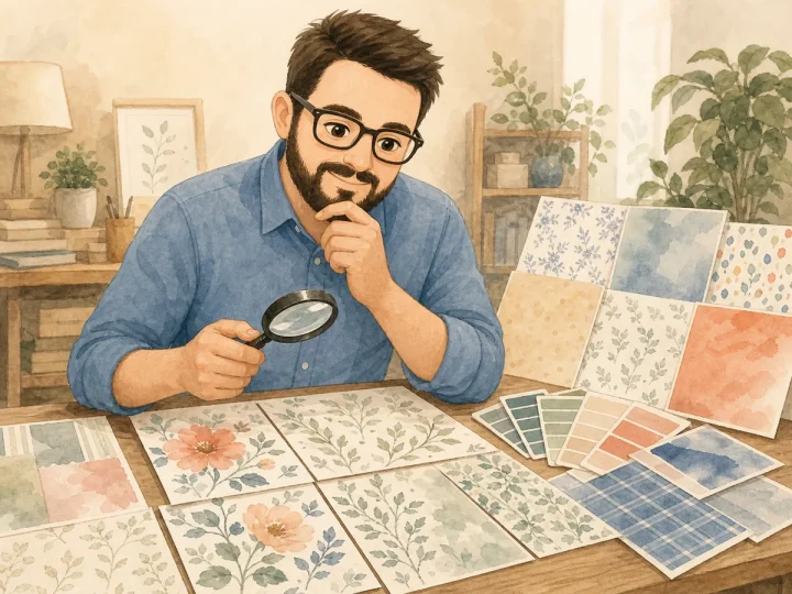 Juan comparing coordinated digital scrapbook paper packs and watercolor patterns