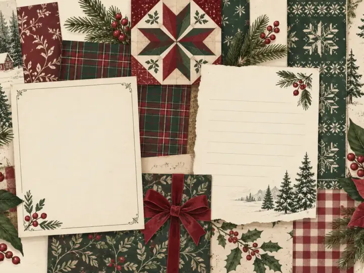 Flat illustrated collage of vintage Christmas patterns in burgundy, evergreen, and cream, with open space for journaling.