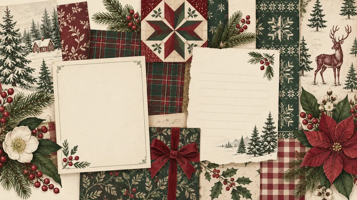 Flat illustrated collage of vintage Christmas patterns in burgundy, evergreen, and cream, with open space for journaling.