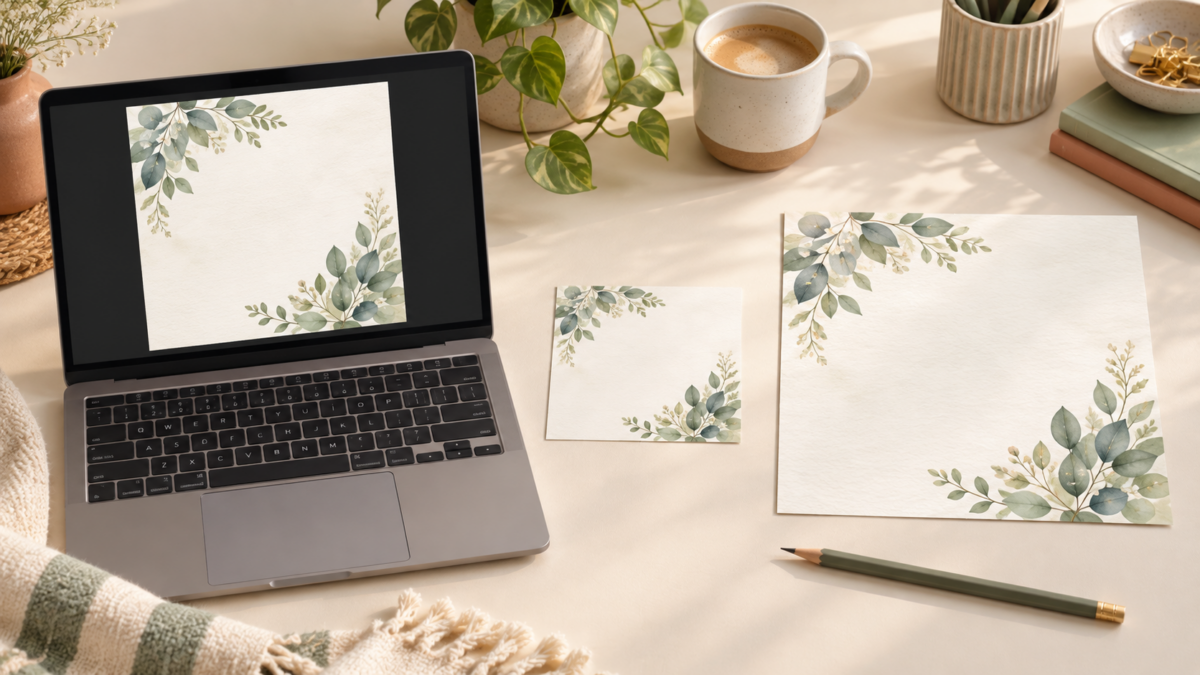 AI illustration of a square botanical design on a laptop beside two differently sized paper sheets.