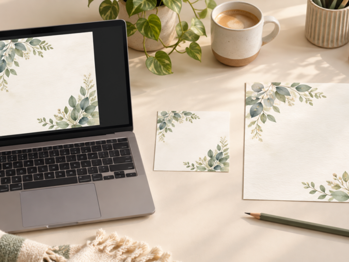 AI illustration of a square botanical design on a laptop beside two differently sized paper sheets.