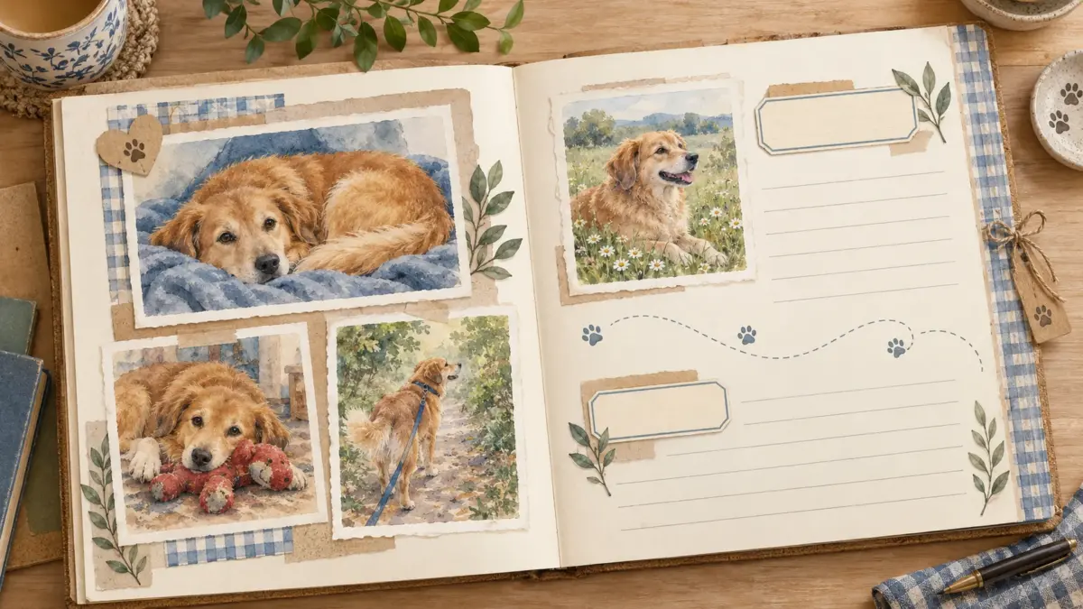 AI illustration of a dog memory album with painted scenes of naps, a favorite toy and a walk, beside blank writing spaces.