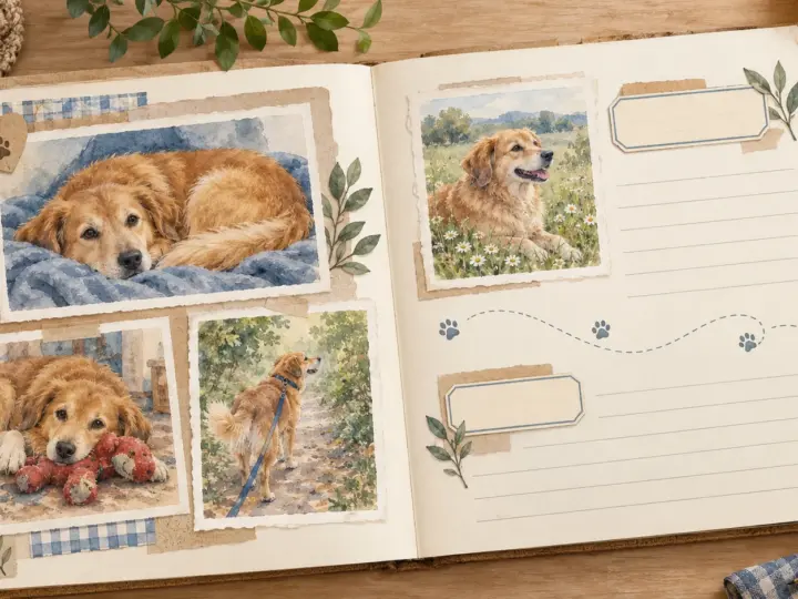 AI illustration of a dog memory album with painted scenes of naps, a favorite toy and a walk, beside blank writing spaces.