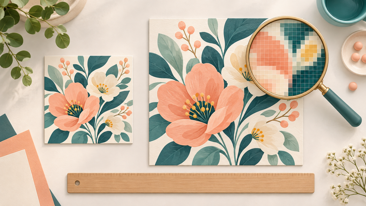 Concept illustration of floral paper at two sizes with a magnifier showing a stylized pixel grid