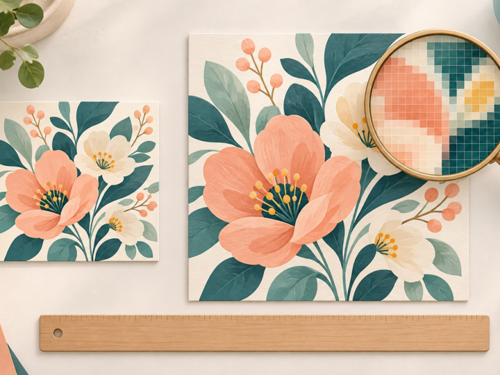 Concept illustration of floral paper at two sizes with a magnifier showing a stylized pixel grid
