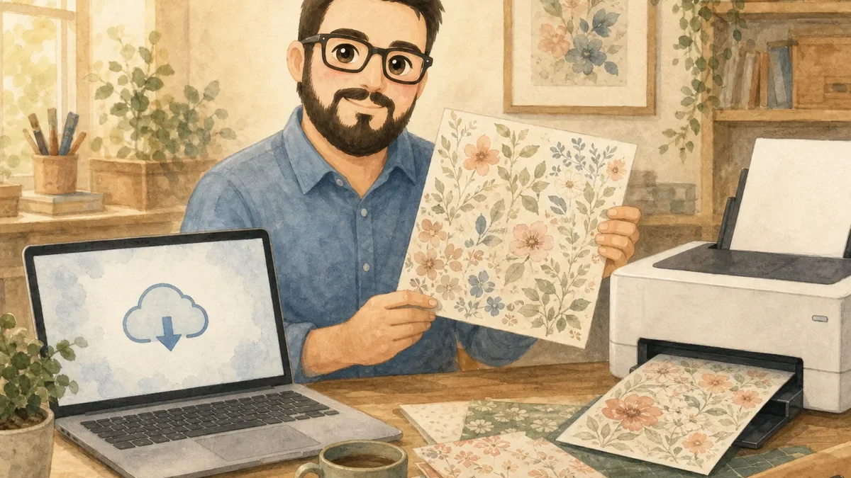 Juan showing how an Etsy digital scrapbook download becomes a printed paper