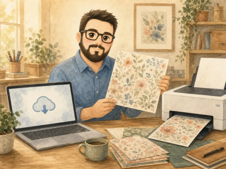 Juan showing how an Etsy digital scrapbook download becomes a printed paper