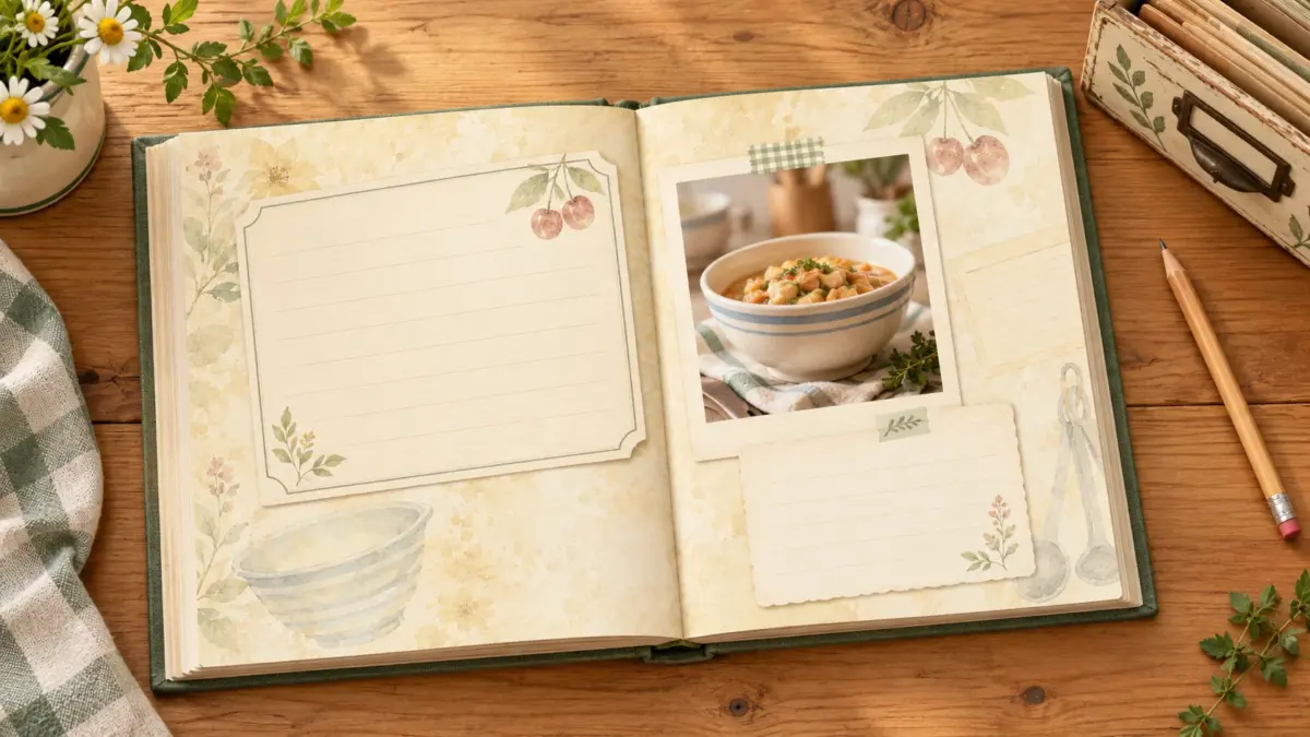 AI-generated illustration of an open two-page family recipe journal with blank writing cards, a food photo, and botanical papers.