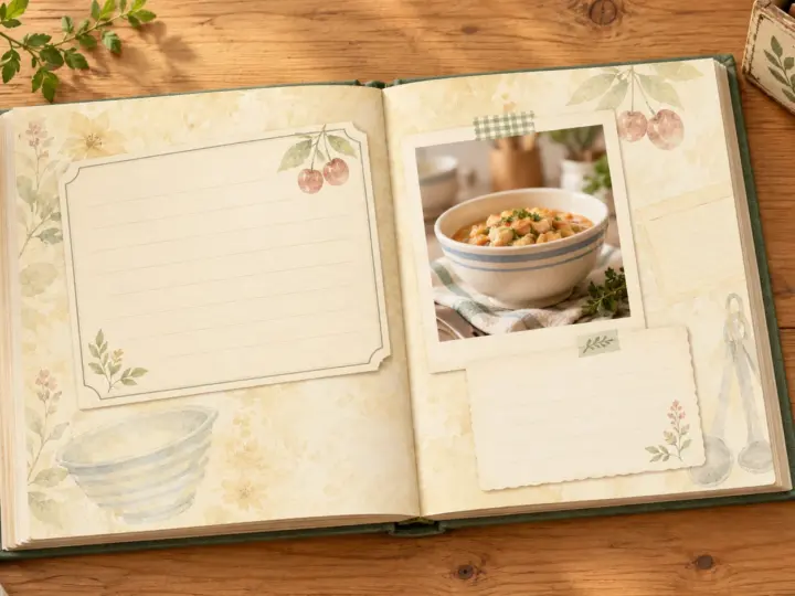 AI-generated illustration of an open two-page family recipe journal with blank writing cards, a food photo, and botanical papers.