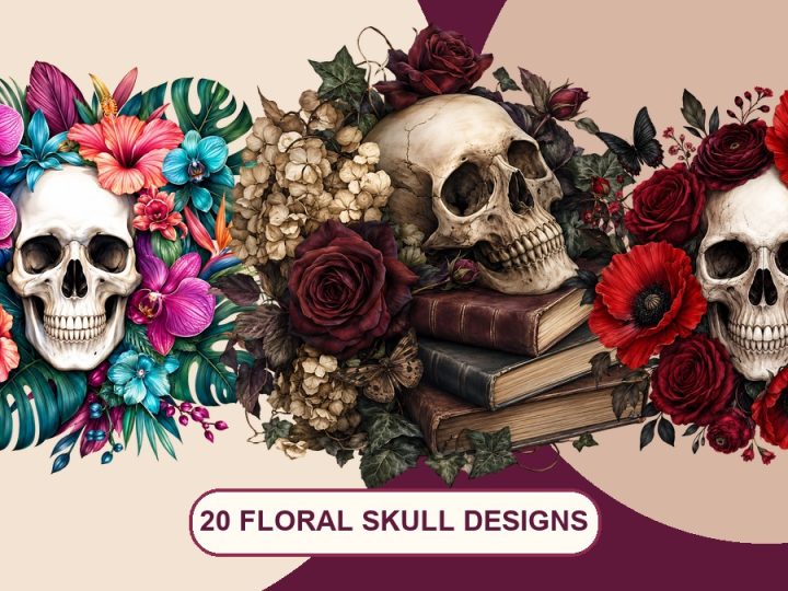 Three floral skull clipart designs for Halloween scrapbooking and gothic craft ideas