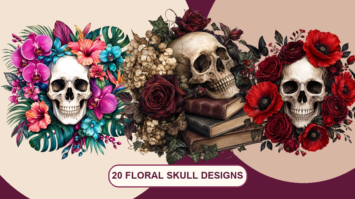 Three floral skull clipart designs for Halloween scrapbooking and gothic craft ideas