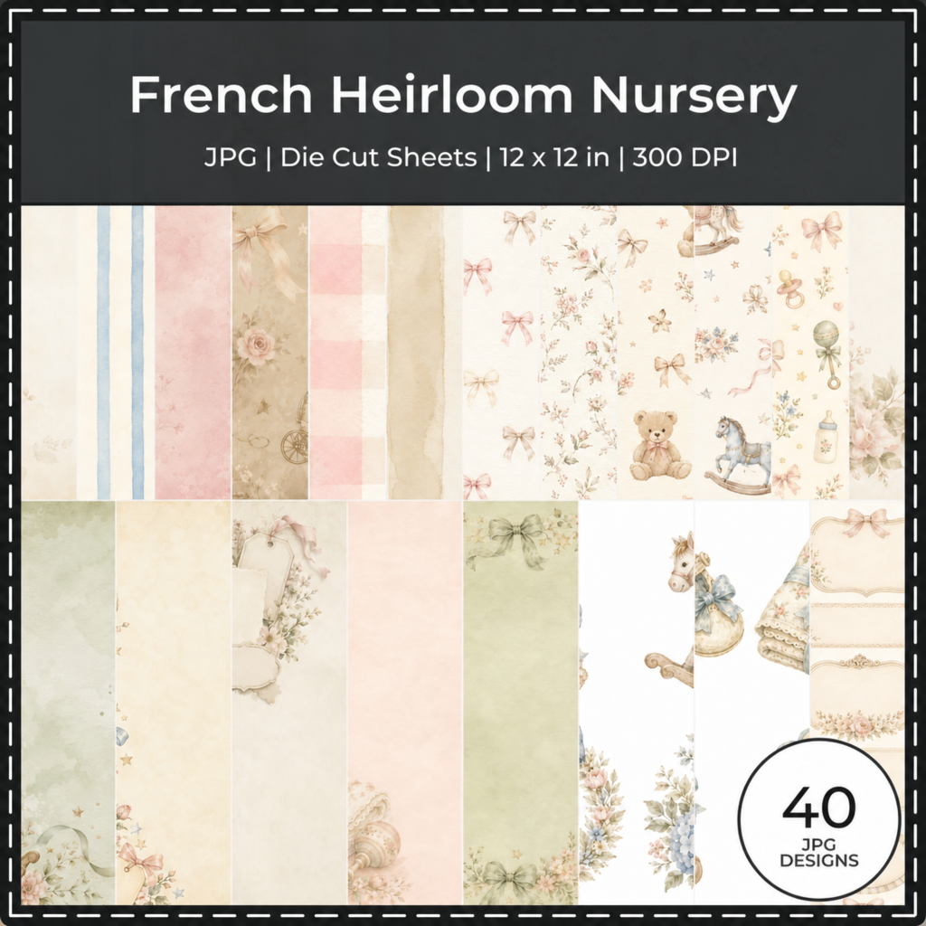 French Heirloom Nursery Digital Scrapbook Bundle, Watercolor Papers, Die Cuts (Digital Download)
