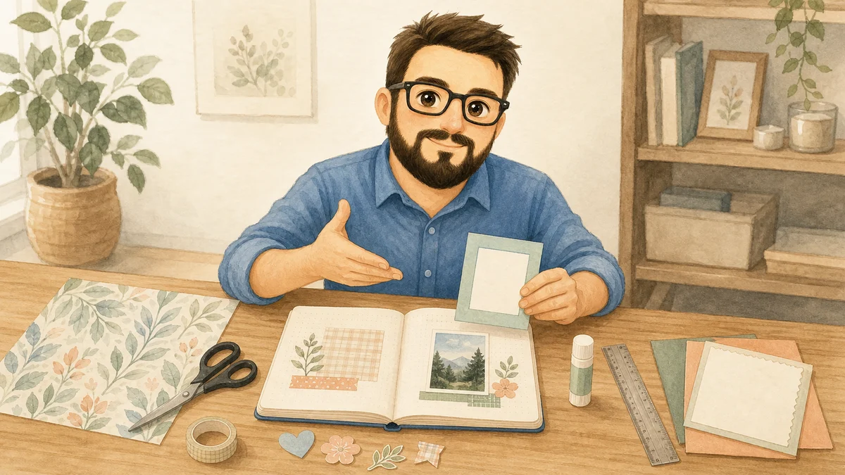 Juan A. demonstrating a beginner scrapbook and bullet journal layout