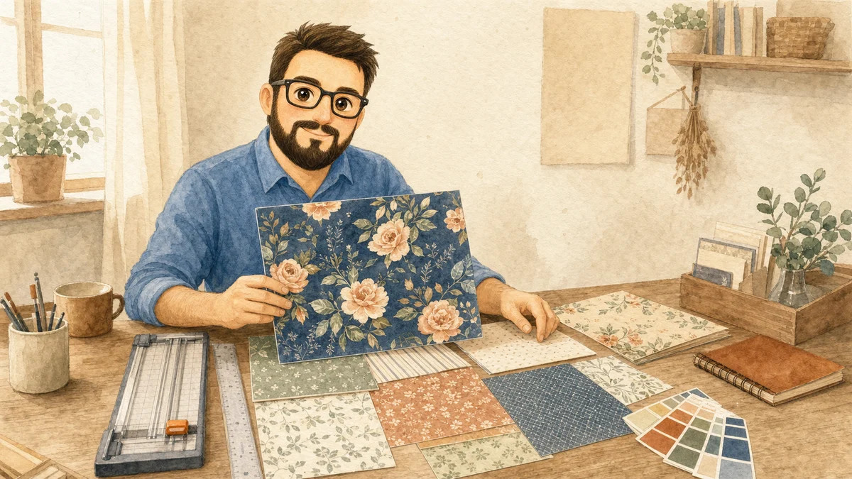 Juan A. arranging coordinated 12x12 scrapbook papers at the ScrapBujo studio