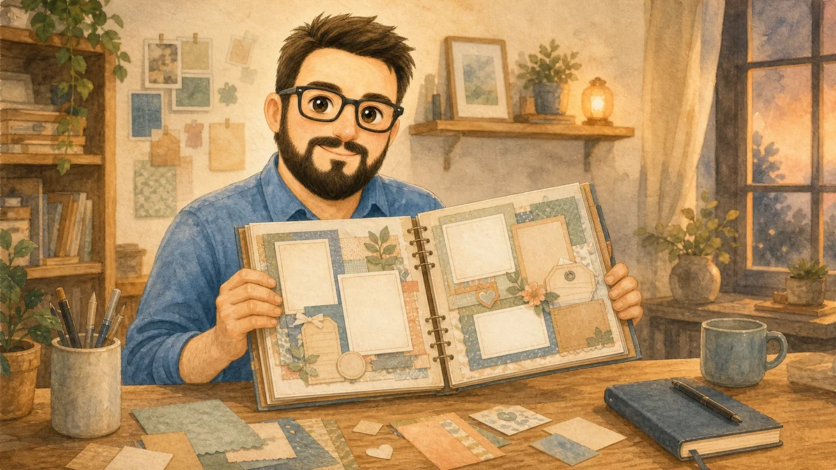 Juan A. holding a finished scrapbook album made with coordinated papers