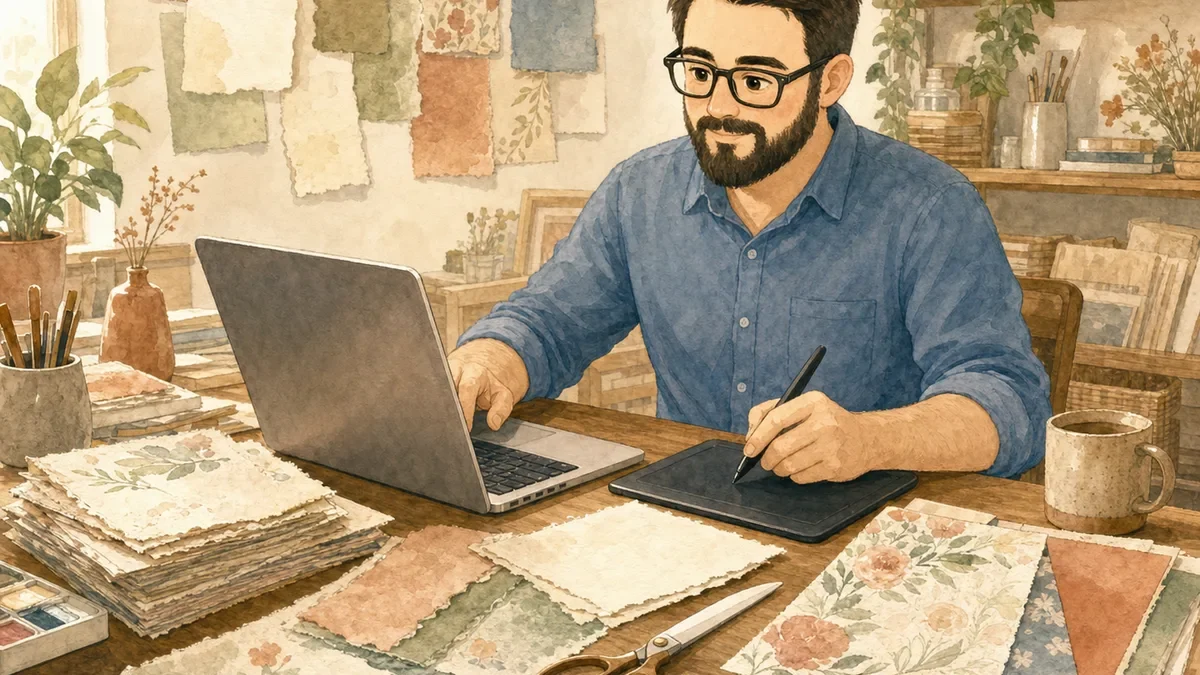 Juan creating digital scrapbook paper collections from handmade watercolor designs
