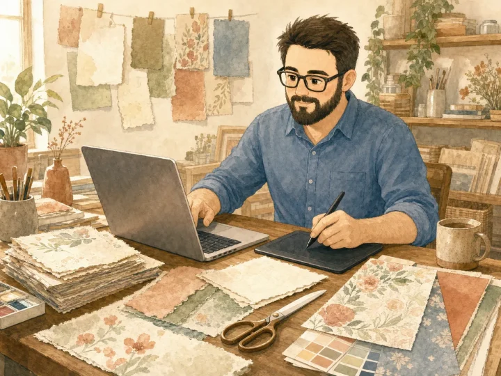 Juan creating digital scrapbook paper collections from handmade watercolor designs