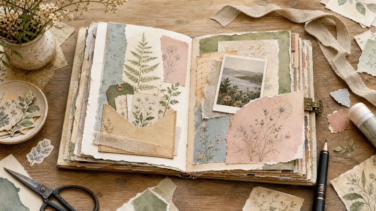 Open botanical junk journal with layered papers, envelope pocket, photograph, scissors, and craft supplies