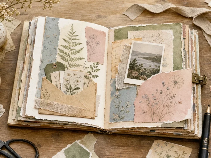 Open botanical junk journal with layered papers, envelope pocket, photograph, scissors, and craft supplies