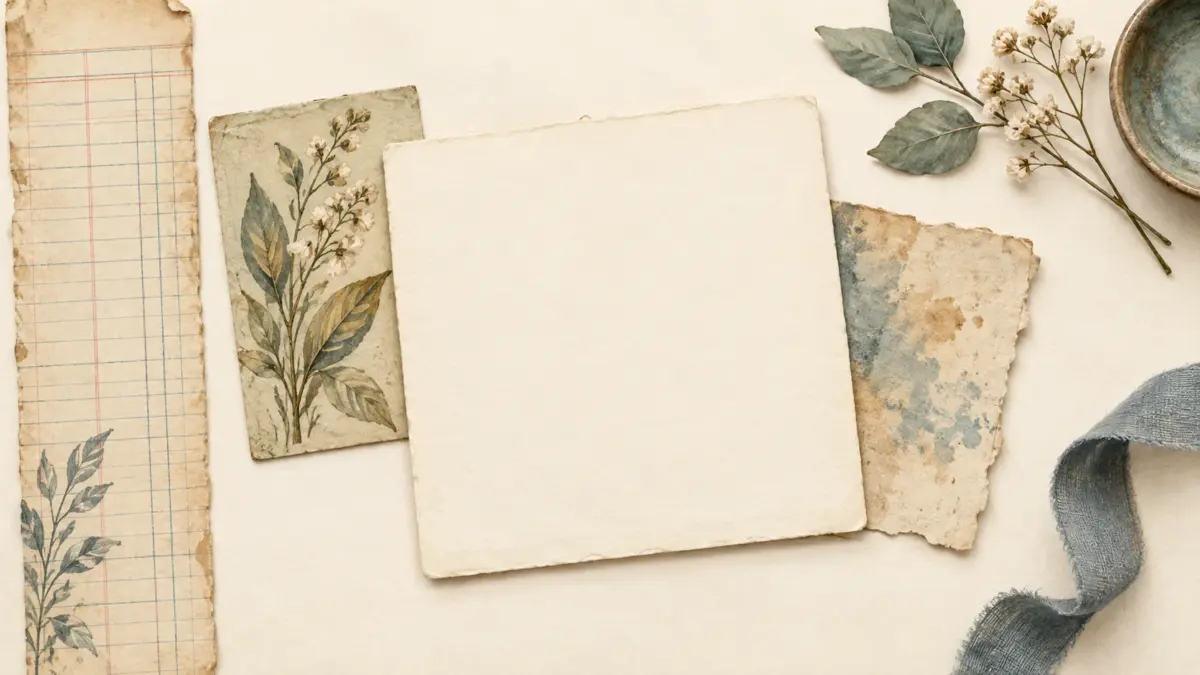 Illustration of a vintage journal page with a blank writing card, ledger strip, and botanical paper accent.