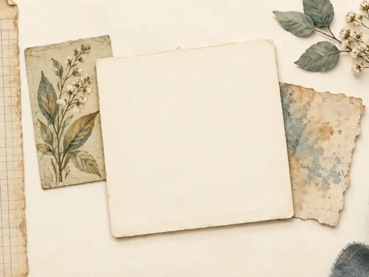 Illustration of a vintage journal page with a blank writing card, ledger strip, and botanical paper accent.