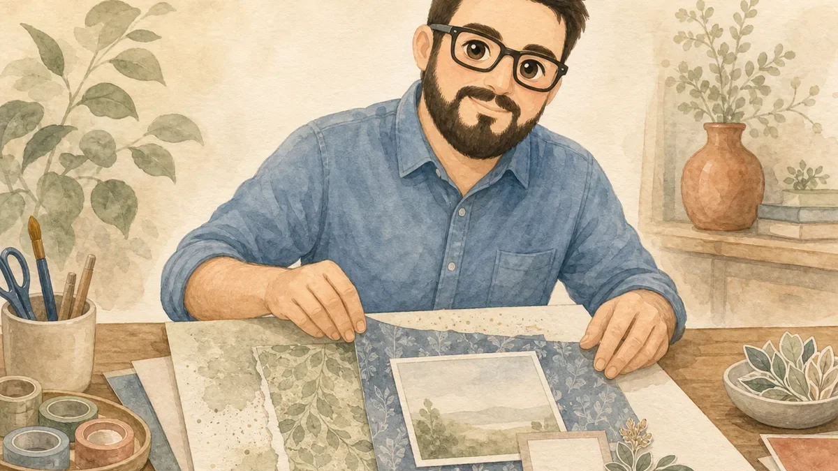 Juan demonstrating how to layer coordinated digital scrapbook papers without clutter