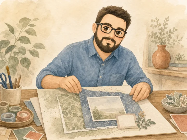 Juan demonstrating how to layer coordinated digital scrapbook papers without clutter
