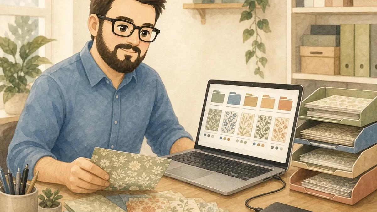 Juan organizing digital scrapbook paper files and coordinated printable designs