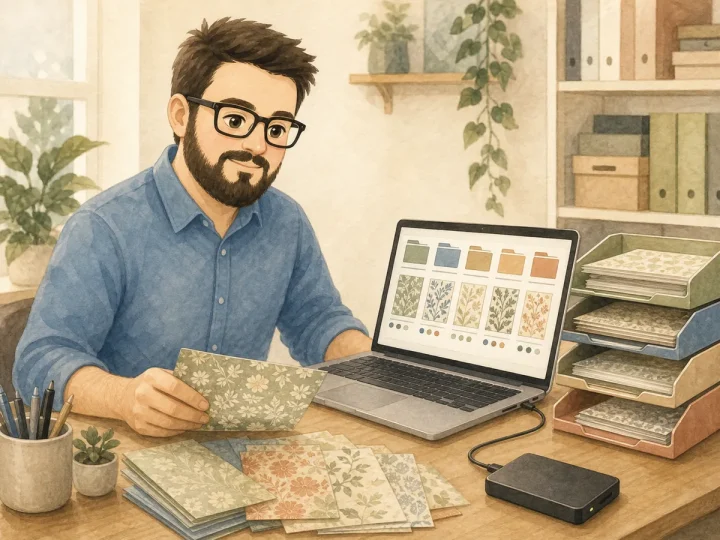 Juan organizing digital scrapbook paper files and coordinated printable designs