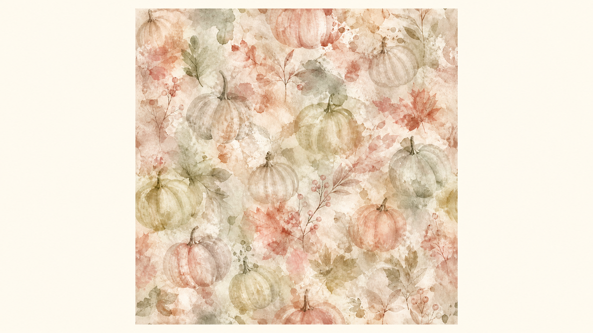 Illustrative Autumn Harvest scrapbook paper mockup with muted pumpkins and leaves.