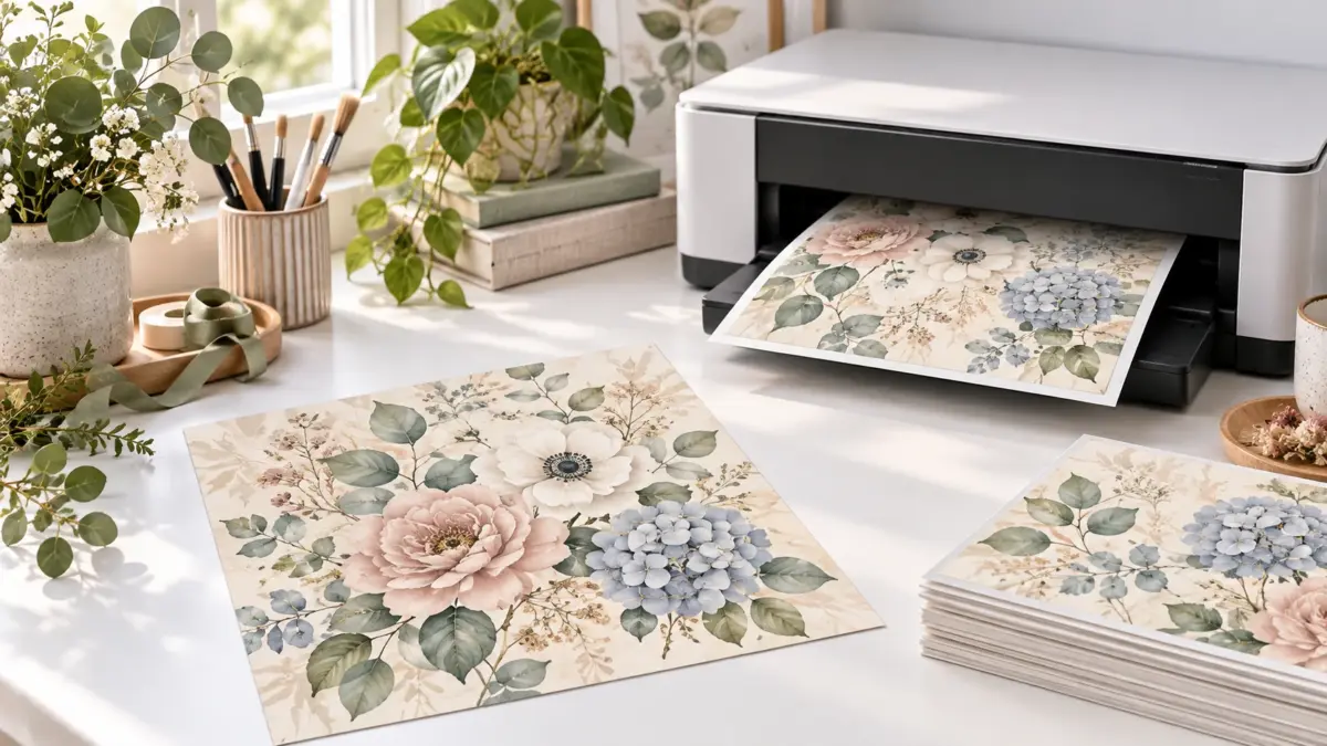 AI illustration of floral scrapbook paper printing at home, with a stack of printed sheets.