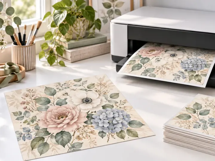 AI illustration of floral scrapbook paper printing at home, with a stack of printed sheets.