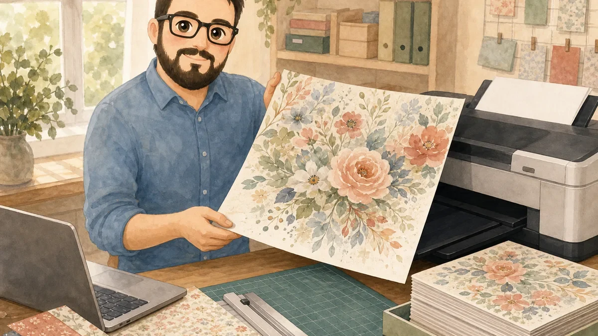 Juan printing a large 12x12 watercolor digital scrapbook paper at home