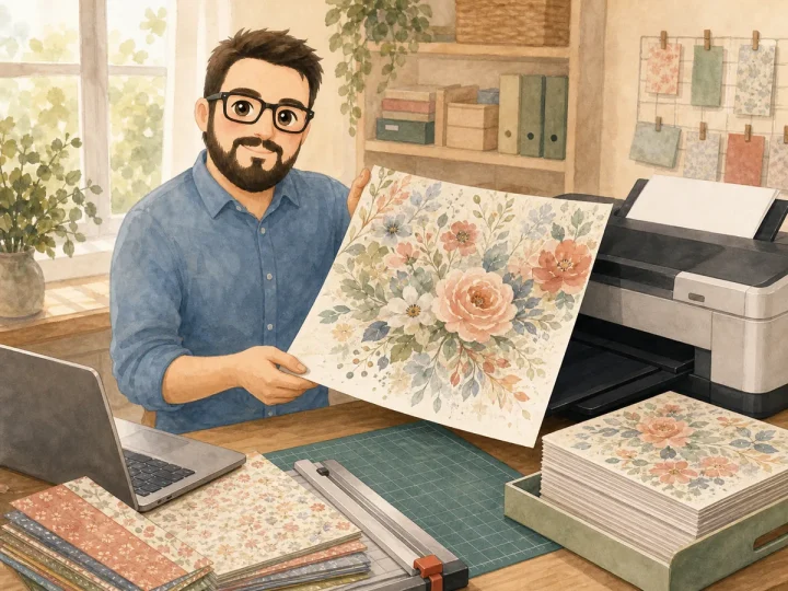 Juan printing a large 12x12 watercolor digital scrapbook paper at home
