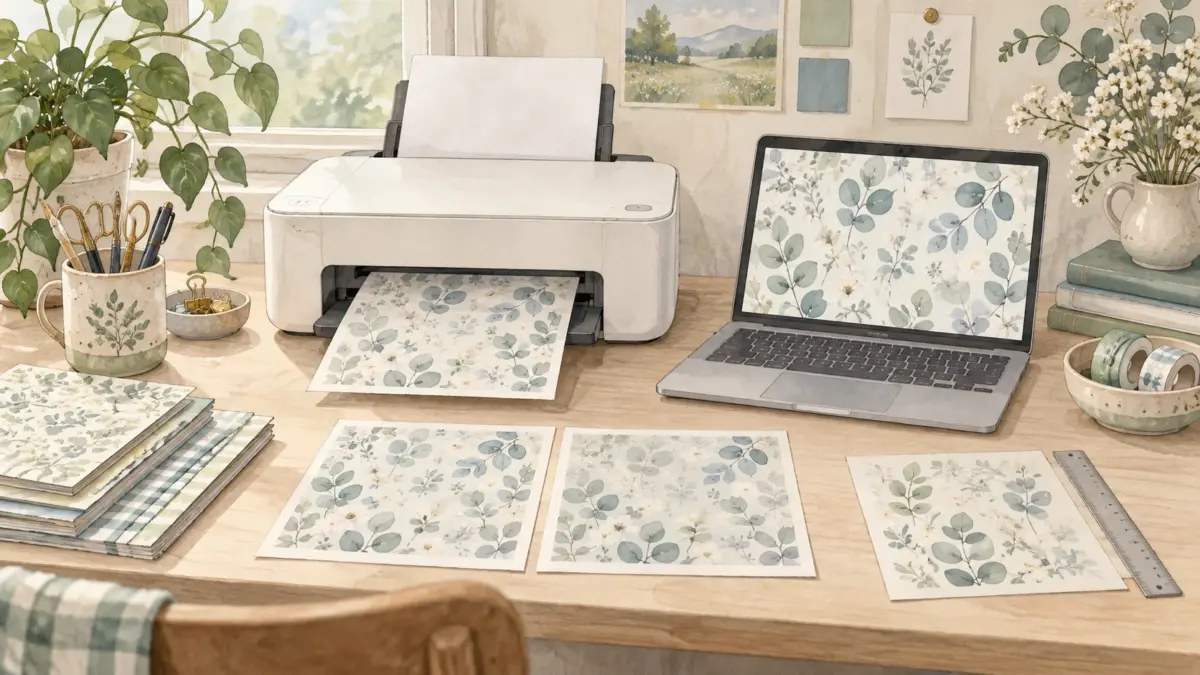 Illustrated home printing workspace with a printer, laptop, patterned paper, color swatches, and ruler.