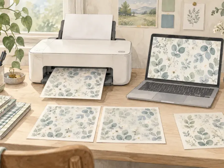 Illustrated home printing workspace with a printer, laptop, patterned paper, color swatches, and ruler.